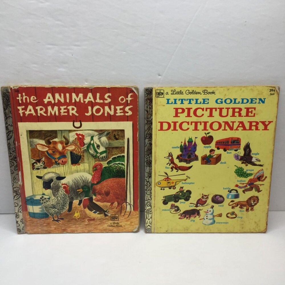 Vintage 1972 Lot 2 Little Golden Books Animals Farmer Jones Picture Dictionary